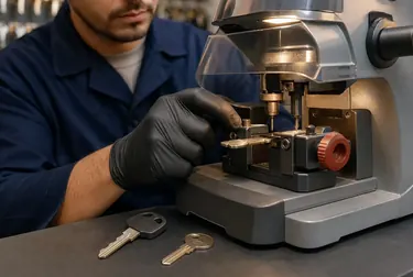 Profissional utilizando uma máquina de cópia de chaves.